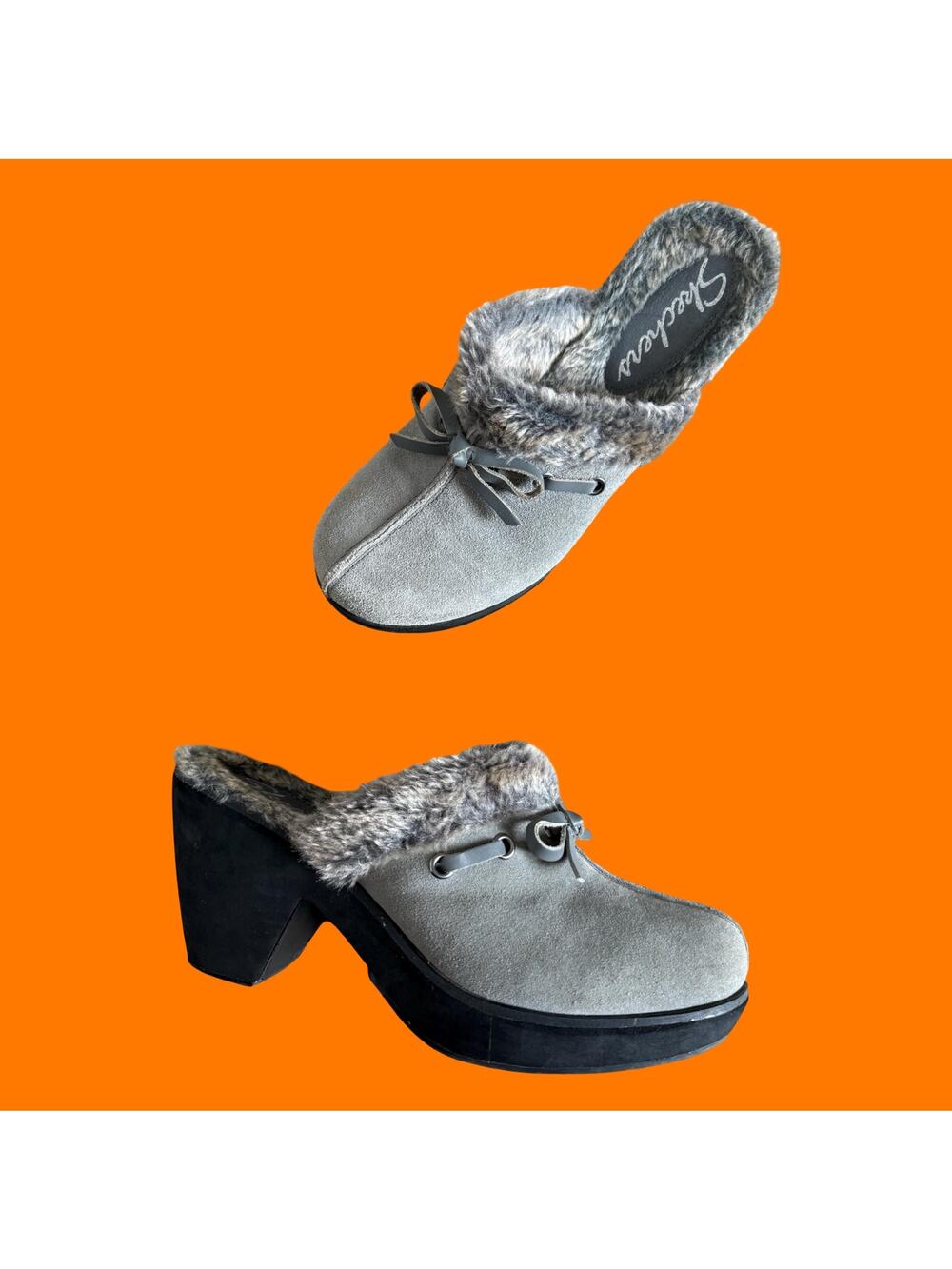 00's vintage gray suede faux fur coquette y2k platform mules clogs US 9 skechers